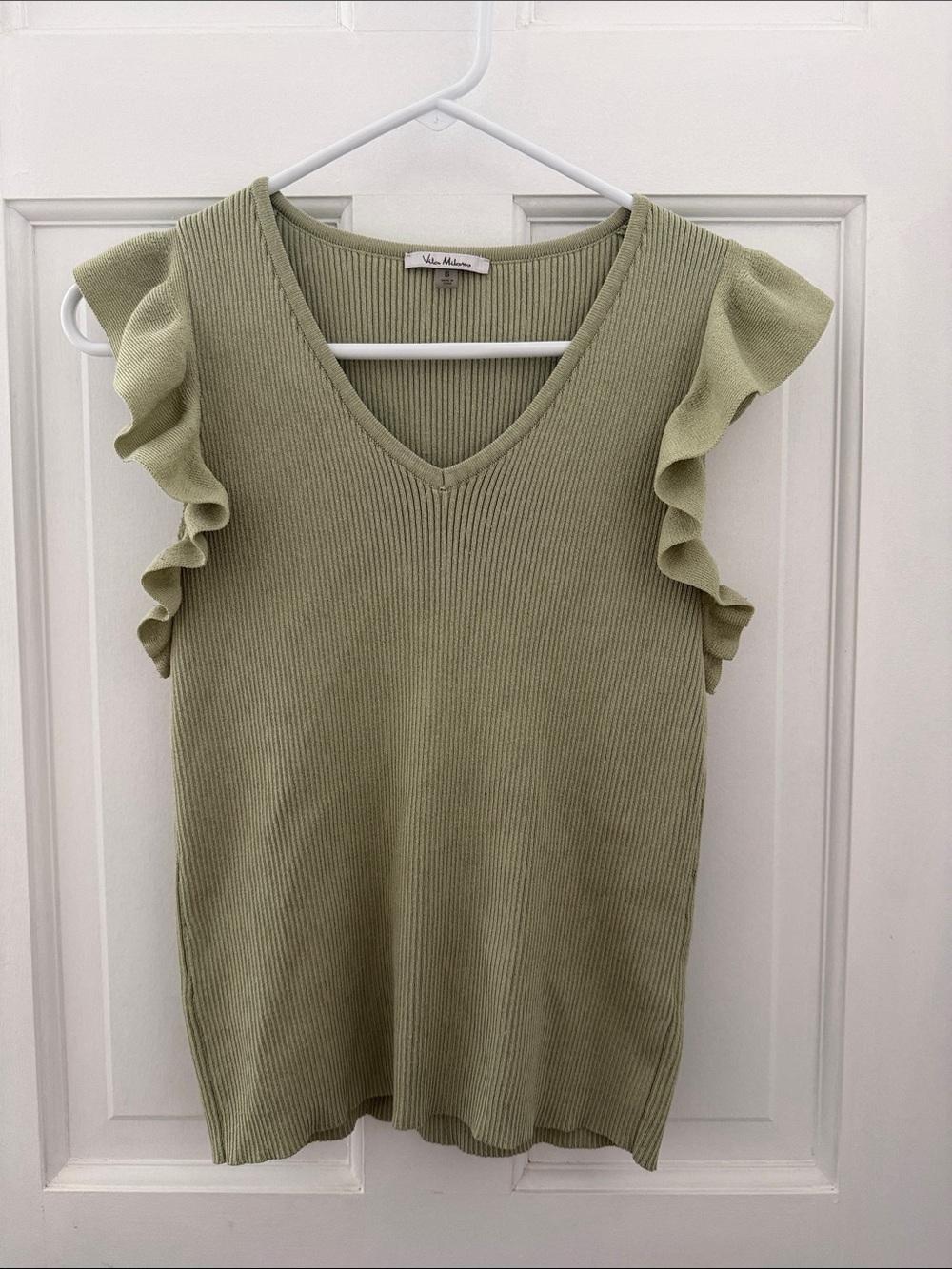 Olive Ruffle-Sleeve V-Neck Knit Tank